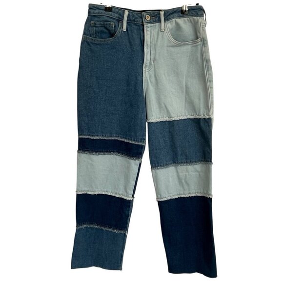 Hollister Ultra High Rise Vintage Straight Jeans Blue Patchwork M Boho Festival - Picture 1 of 15